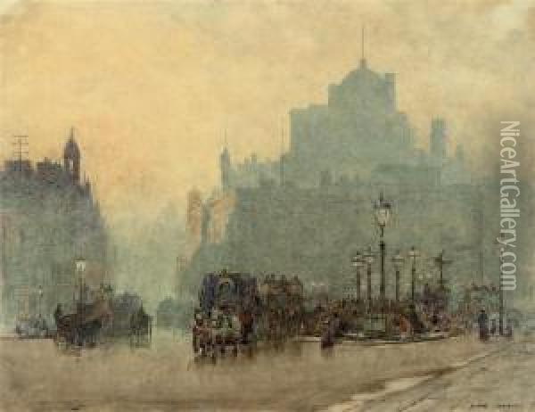 Omnibuses And Figures At Piccadilly Circus At Dusk Oil Painting - Herbert Menzies Marshall