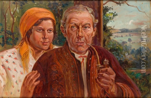 Goral Couple With Landscape Oil Painting - Wincenty Wodzinowski