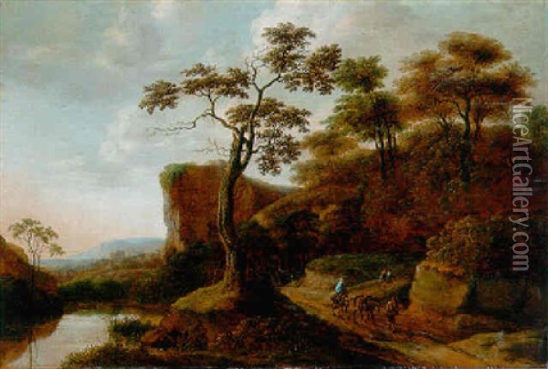 Rocky Wooded Landscape With Travellers With Mules On A Track Oil Painting - Pieter Jansz van Asch