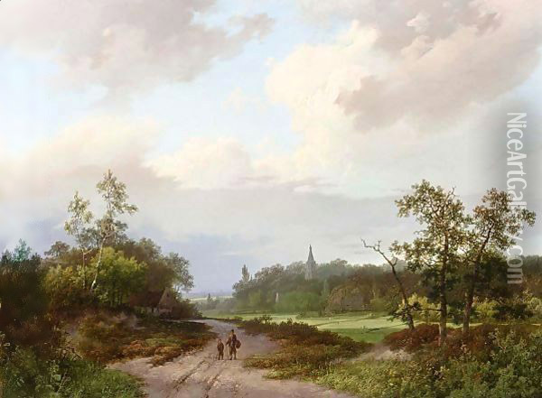 Travellers On A Country Road, A Church In The Distance Oil Painting - Marianus Adrianus Koekkoek