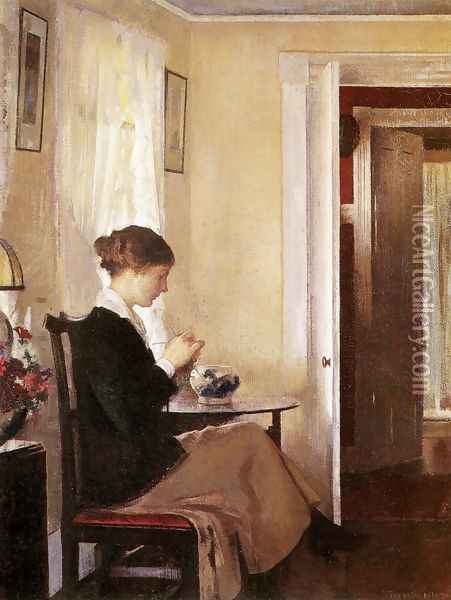 Josephine Knitting Oil Painting - Edmund Charles Tarbell