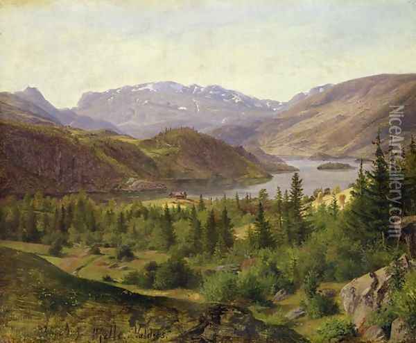 Hjelle in Valders Tile Fjord Oil Painting - Louis Gurlitt