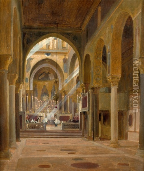 Eine Messe In Der Cappella Palatina Im Konigspalast In Palermo Oil Painting - Alexander Herrmann