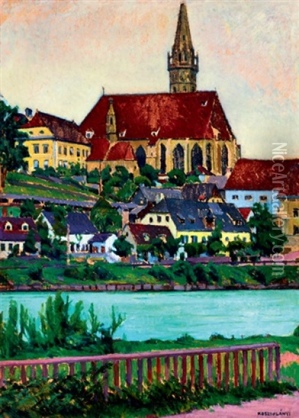German Town On The Riverbank Oil Painting - Gyula Kosztolanyi Kann
