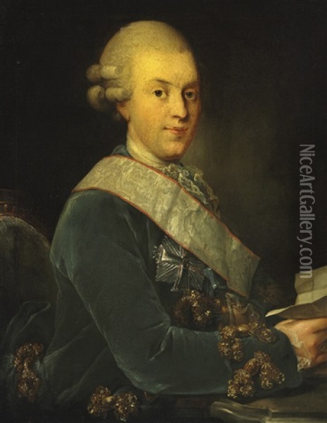 Portrait Of Conrad Holck (1745-1800) In Green-blue Velvet Jacket With Golden Galloons Oil Painting - Erik Pauelsen