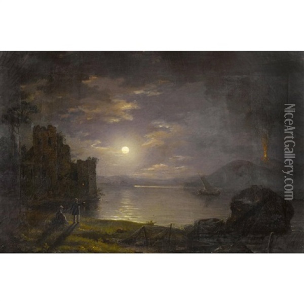 Nachtlicher Strand Bei Posillipo Mit Vesuv Im Mondschein Oil Painting - Johan Christian Dahl