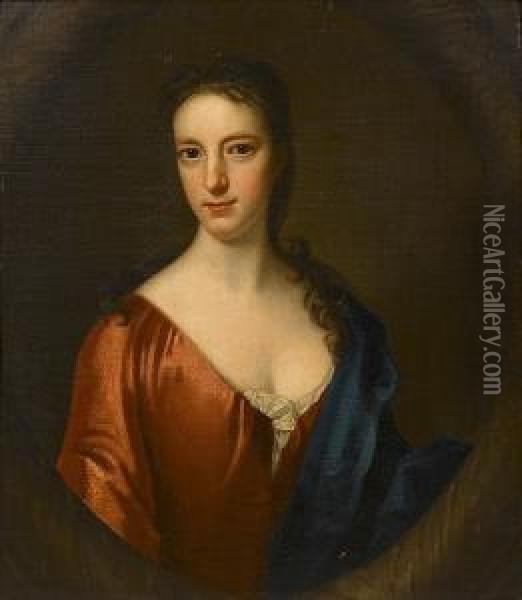 Portrait Of A Lady, Bust-length,
 In A Red Dress And A Blue Shawl Within A Painted Stone Oval Oil Painting - Richardson. Jonathan