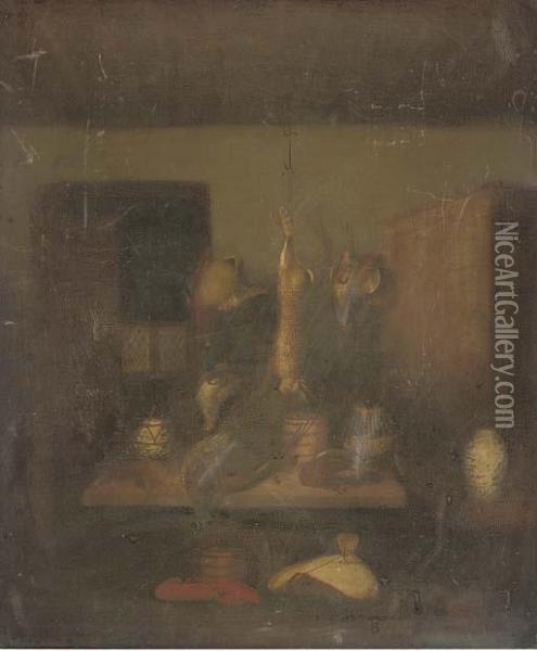 Game In A Larder; And A Hare With Other Game Oil Painting - Benjamin Blake