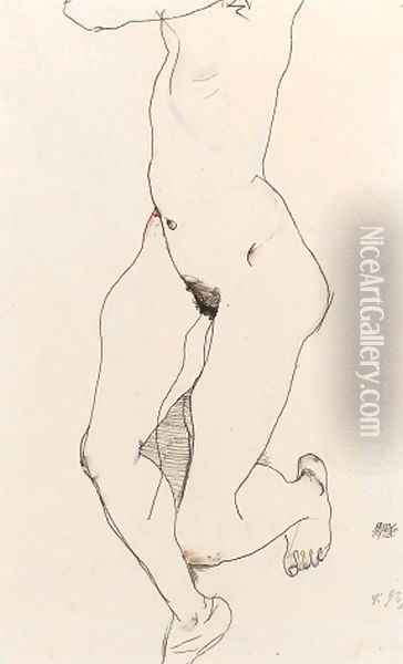 Prostrate Female Nude Oil Painting - Egon Schiele