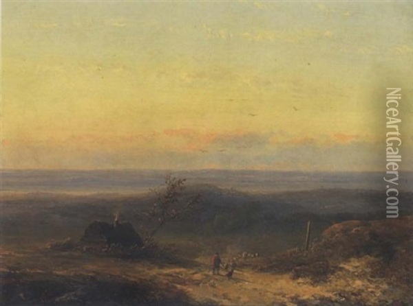 Schafer Mit Herde In Weiter Landschaft Oil Painting - Johannes Franciscus Hoppenbrouwers