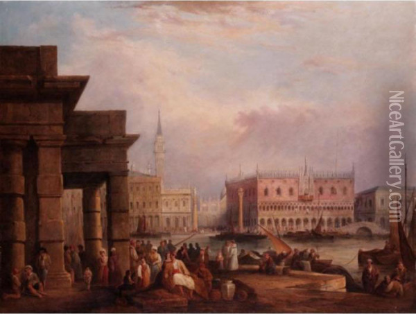 The Doges Palace, Venice From The Dogana Oil Painting - Edward Pritchett