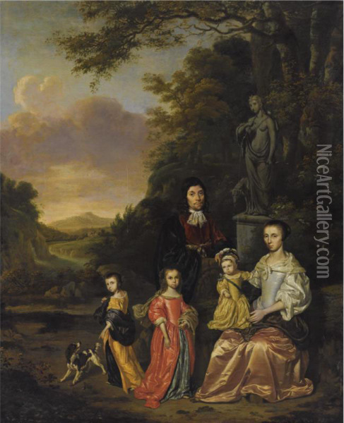 A Portrait Of A Gentleman And His Wife And Their Three Children,possibly The Loth Family, Near A Statue Of Diana The Huntress, In Aclassical Landscape Oil Painting - Jan, Johan Ducq