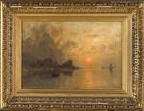 Coucher De Soleil Sur Le Lac Anime Par Des Pecheurs Oil Painting - Adelsteen Normann