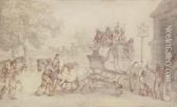Changing Horses At The Swan Inn, Brixton Oil Painting - Thomas Rowlandson