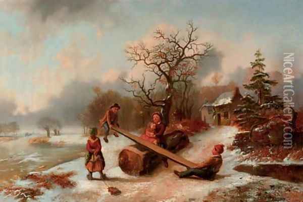 Playing in the snow Oil Painting - Alexis de Leeuw