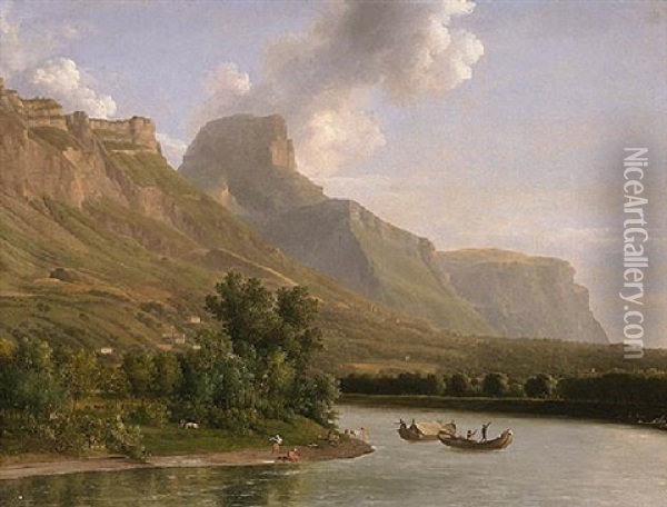 An Alpine Landscape With Figures Bathing And Fishermen In Their Boats Nearby Oil Painting - Jean Joseph Xavier Bidault