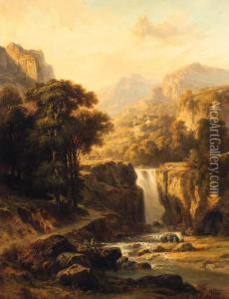 A Waterfall Cascading Through A Mountainous Landscape Oil Painting - Horace Antoine Fonville