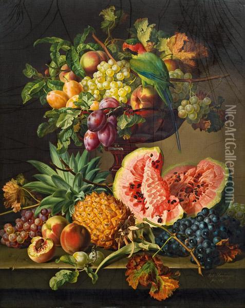 Blumen- Und Fruchtestillleben Mit Papagei Oil Painting - Anton Hartinger