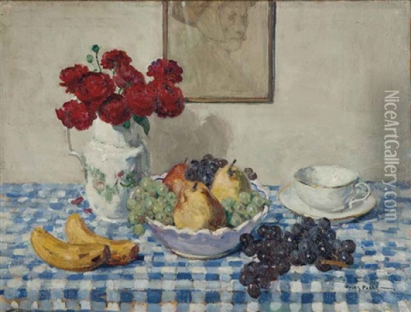 Still Life With A Bowl Of Fruit, Cup And Saucer, And A Pitcher Of Flowers Oil Painting - Jules Eugene Pages