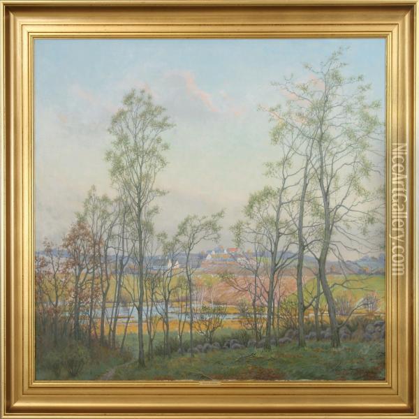 A Fall Scenery With A View Of Larger Estates. Signed Wilh. Andersen Oil Painting - Wilhelm Andersen