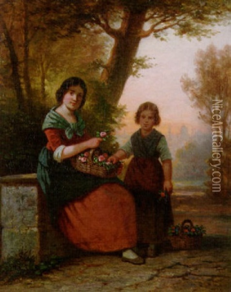 Zwei Blumenmadchen Vor Der Silhouette Von Florenz Oil Painting - Hermann Werner