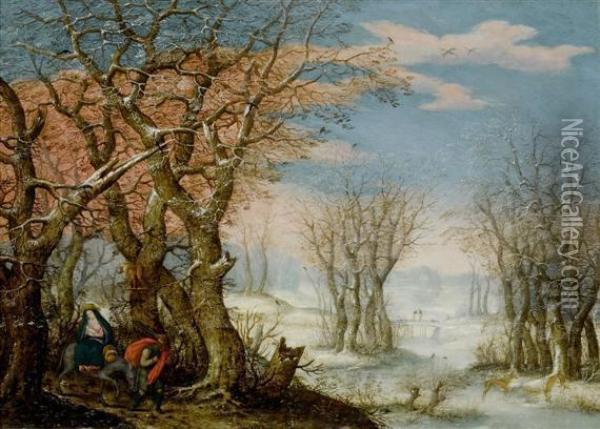 Winter Landscape With The Flight Into Egypt Oil Painting - Denys Van Alsloot