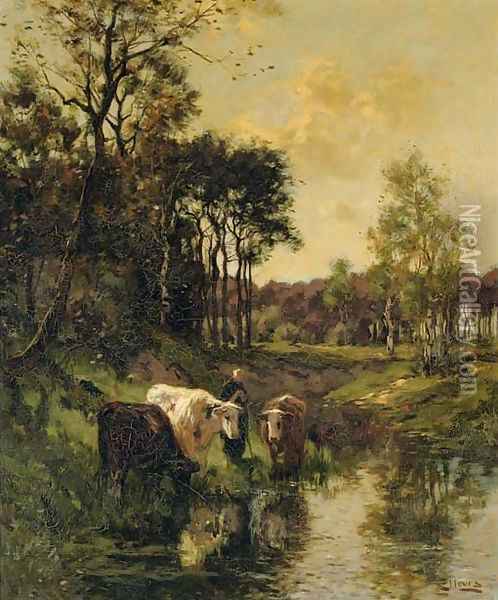 Watering cows by a forest Oil Painting - Johannes Karel Leurs