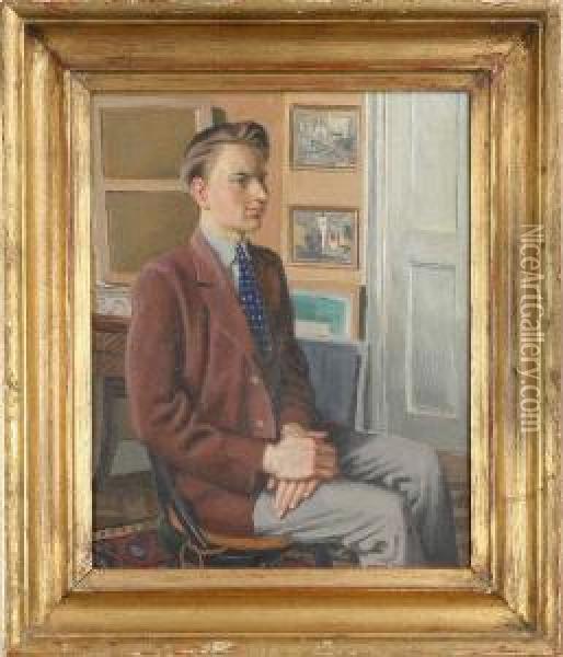 Interior Med Sittande Man, Signerad Och Daterad Arvid Fougstedt 1933 Oil Painting - Arvid Fougstedt