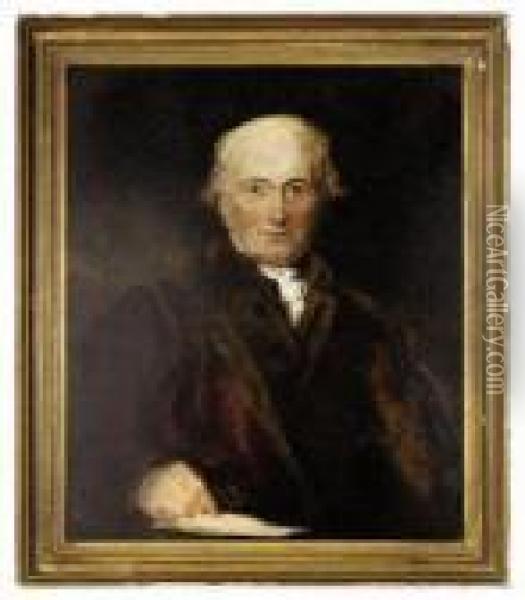 Portrait Of John Julius 
Angerstein (1735-1823), Half-length, Seatedin A Brown Coat With Fur 
Trim, Holding Glasses In His Righthand Oil Painting - Sir Thomas Lawrence