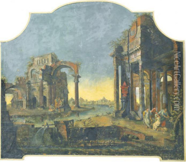 An Architectural Capriccio With Figures Among Ruins Oil Painting - Pietro Paltronieri Il Mirandolese