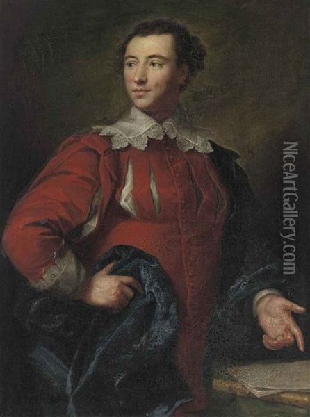 Portrait Of Charles Macdonnell, In Van Dyck Costume, Gesturing To Papers On A Stone Ledge Oil Painting - Anton Raphael Mengs