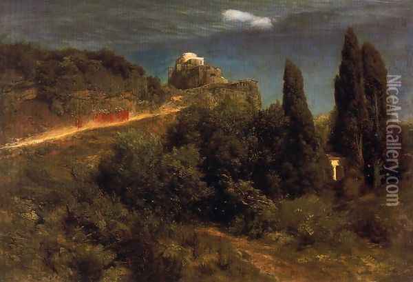 Soldiers amount to a mountain stronghold Oil Painting - Arnold Bocklin