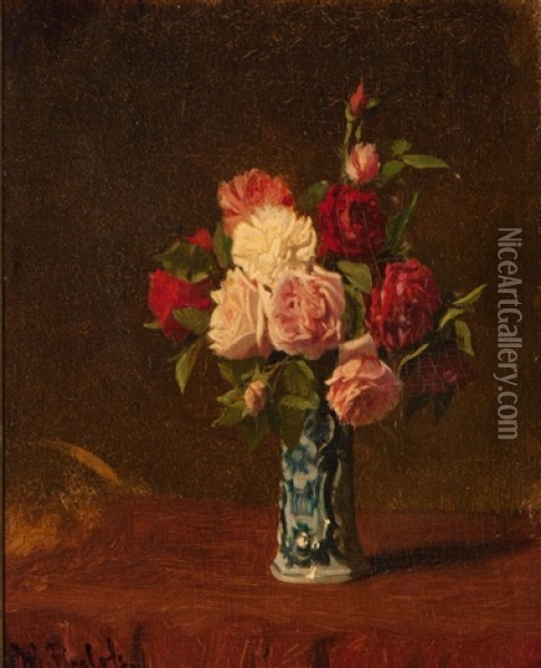 Bouquet Of Roses In Delft Earthenware Vase Oil Painting - Willem Roelofs
