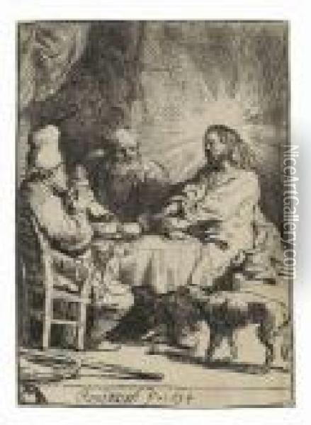 Christ At Emmaus: Small Plate Oil Painting - Rembrandt Van Rijn