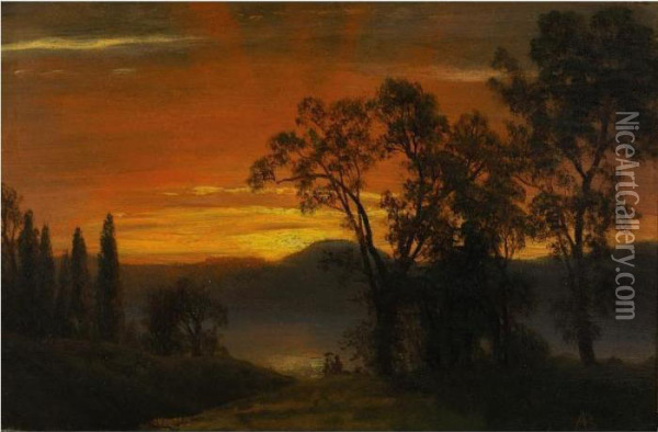 Sunset Over The River Oil Painting - Albert Bierstadt