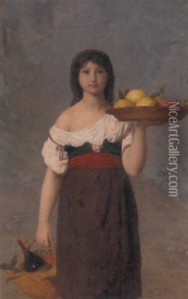 A Neapolitan Girl, Carrying Fruit And Wine Oil Painting - Edouard Alexandre Sain