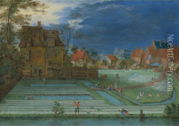 A Town With Figures Working In Bleaching Fields In Theforeground Oil Painting - Pieter Gysels