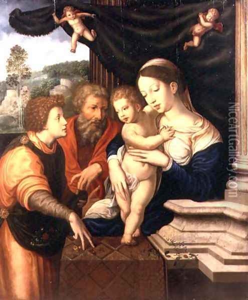 The Holy Family Being Presented with a Basket of Flowers by an Angel, on a Classical Terrace, Being a Version of the Painting by Barend van Orley in the Louvre of 1521 Oil Painting - (studio of) Cornelis van Cleve