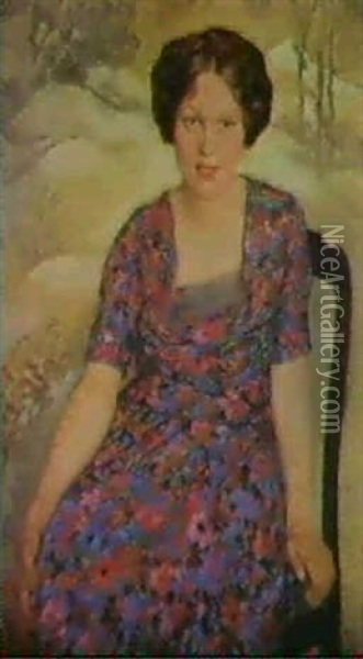 Sitzende Junge Frau Im Geblumten Kleid Oil Painting - Emil Orlik