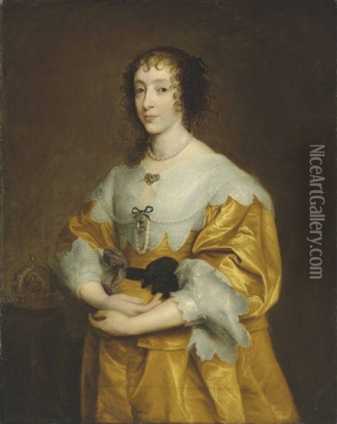 Portrait Of Queen Henrietta Maria (1609-1669), Three-quarter-length, In A Gold Satin Dress And Lace Collar And Cuffs Oil Painting - Anthony Van Dyck