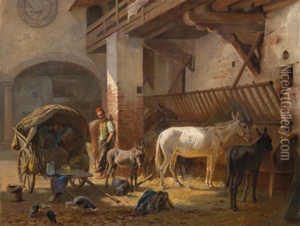Esel Und Pferde Im Stall Oil Painting - Franz Quaglio
