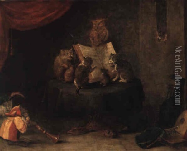Cats, Monkeys And An Owl Making Music In An Interior Oil Painting - Ferdinand van Kessel