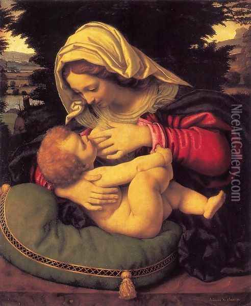 Madonna of the Green Cushion c. 1507 Oil Painting - Andrea Solari