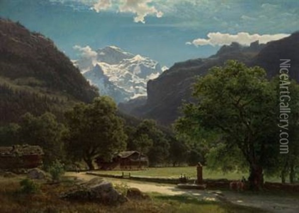 Nottealleen Ved Interlaken Med Die Jungfrau I Bakgrunnen Oil Painting - Hans Frederick Gude