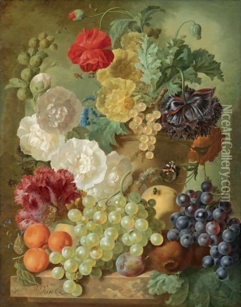 A Still Life With Hollyhocks, Poppies, An Anemone, Other Flowers And White-Currants In A Terracotta Vase Oil Painting - Jan van Os