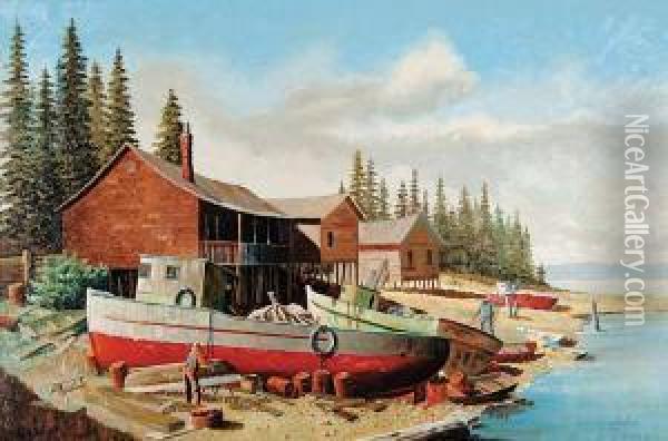 Untitled - Preparing For The Fishing Season Oil Painting - John Adams Spelman