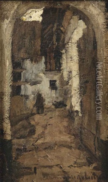 Poortje Met Doorkijk Naar Huizen, Harderwijk; An Alleyway In Harderwijk Oil Painting - Suze Bisschop-Robertson