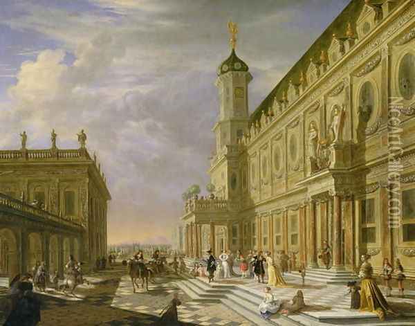 Elegant Figures in a Palace Forecourt Oil Painting - Hieronymus Janssens