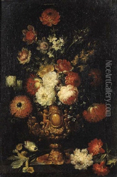 Mixed Flowers In A Bronze Vase On A Ledge Oil Painting - Jan Peeter Brueghel