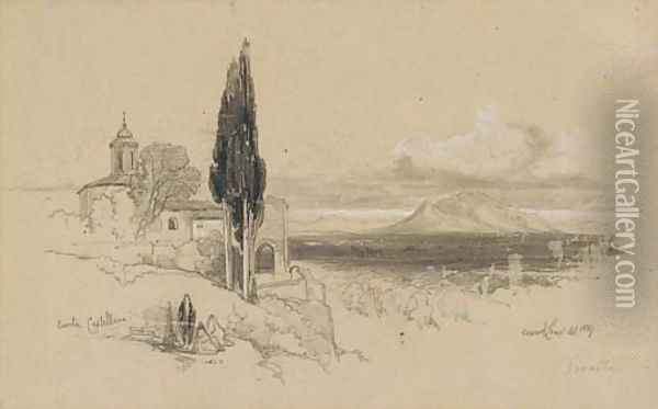 View of Civita Castellana with Mount Soracte in the distance Oil Painting - Edward Lear